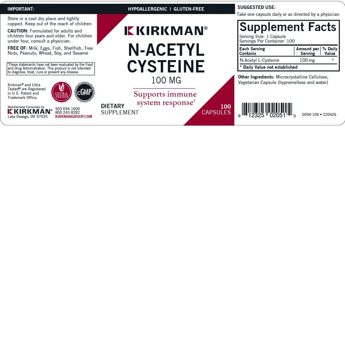 N-Acetyl Cysteine 100mg 100cap - Kirkman