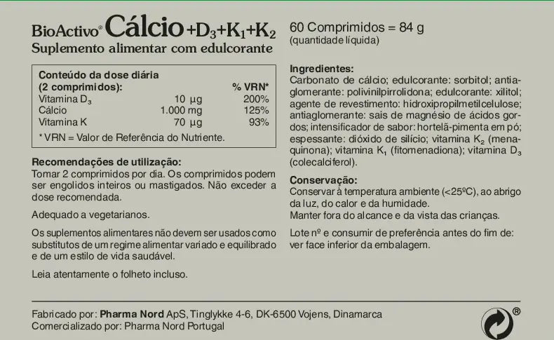 Bioactivo Cálcio+D3+K1+K2 60comp - Pharma Nord